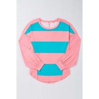 Light Blue Colorblock Striped Drop Shoulder Loose Top - L thumbnail