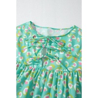 Green Abstract Printed Lace-up Lantern Sleeve Babydoll Blouse - L thumbnail