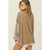 Khaki Checkerboard Striped Patchwork Lantern Sleeve Pocketed Blouse - L thumbnail