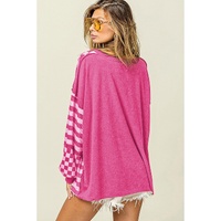 Rose Red Checkerboard Striped Patchwork Lantern Sleeve Pocketed Blouse - L thumbnail