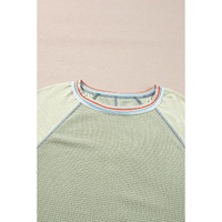 Meadow Mist Green Waffle Knit Wide Bracelet Sleeve Patchwork Raglan Top - L thumbnail