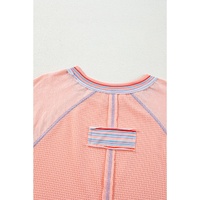 Grapefruit Orange Waffle Knit Wide Bracelet Sleeve Patchwork Raglan Top - L thumbnail