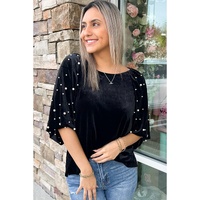 Black Pearl Beaded Half Sleeve Velvet Top - S thumbnail