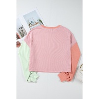 Multicolour Corded Colorblock Patchwork Drop Shoulder Long Sleeve Top - M thumbnail