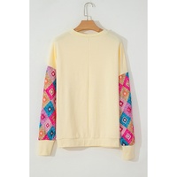 Apricot Geometric Printed Patchwork Long Sleeve Round Neck Top - L thumbnail
