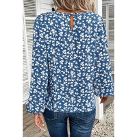 Blue Ditsy Floral Print Lantern Sleeve Blouse - S thumbnail