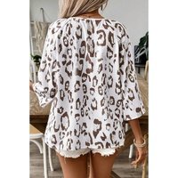 Khaki Leopard Print Ruched V Neck 3/4 Sleeve Blouse - S thumbnail