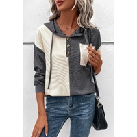 Dark Grey Waffle Colorblock Buttons Placket Drop Shoulder Drawstring Hoodie - M thumbnail