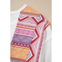 White Western Aztec Print Patchwork Ruffled Tunic Long Sleeve Babydoll Top - L thumbnail