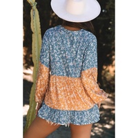 Orange Floral Color Block Patchwork Ruffled Hem Round Neck Blouse - L thumbnail