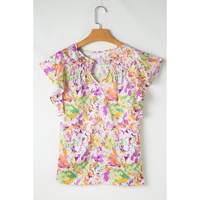 Purple Abstract Printed Ruffled Short Sleeve Notched Neck Blouse - L thumbnail