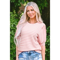 Pink Stripe Textured Puff Sleeve Crewneck Top - L thumbnail