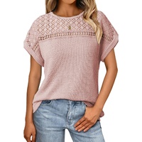 Light Pink Lace Patchwork Waffle Short Sleeve Top - 2XL thumbnail