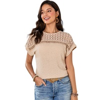 Oatmeal Lace Patchwork Waffle Short Sleeve Top - M thumbnail