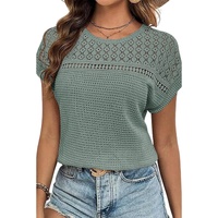 Mist Green Lace Patchwork Waffle Short Sleeve Top - 2XL thumbnail