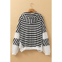 Black white Oversized Striped Henley Buttons Dolman Sleeve Hooded Top - L thumbnail