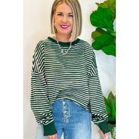 Green Stripe Loose Drop Shoulder Long Sleeve Top - 2XL thumbnail