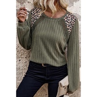 Moss Green Leopard Print Crochet Patchwork Rib Textured Knit Top - L thumbnail