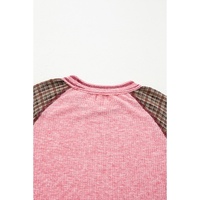 Fushia Mixed Print Raglan Sleeve Ribbed Knit Patchwork Blouse - 2XL thumbnail