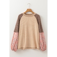 Jet Stream Mixed Print Raglan Sleeve Ribbed Knit Patchwork Blouse - 2XL thumbnail