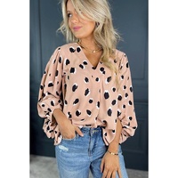 Khaki Classic Leopard V Neck Bracelet Sleeve Blouse - L thumbnail