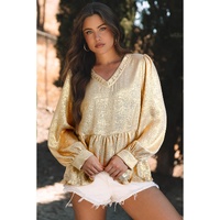 Gold Metallic Frilled V Neck Puff Sleeve Babydoll Blouse - S thumbnail