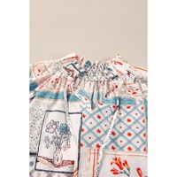 Multicolour Boho Floral Patched Ruffled Sleeve Tied Neck Blouse - S thumbnail