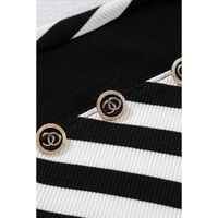 Black Stripe Crochet Hollow-out Back Buttoned Shoulder V Neck Top - L thumbnail