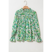 Green Leafy Printed Flounce Sleeve Shirred Mock Neck Blouse - L thumbnail