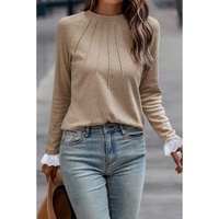 Parchment Seam Detail Lace Contrast Cuffs Raglan Sleeve Top - L thumbnail