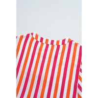 Orange Stripe Balloon Sleeve Notched V Neck Buttoned Front Blouse - L thumbnail