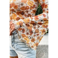 Orange Floral Printed Bell Sleeve Mock Neck Scallop Trim Blouse - L thumbnail
