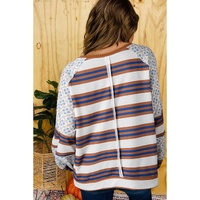 White Striped Floral Printed Patchwork Lantern Sleeve Blouse - L thumbnail