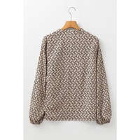 Khaki Geometric Print Notched Neck Puff Sleeve Blouse - L thumbnail