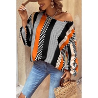 Orange Polka Dot Vertical Striped Printed Puff Sleeve Blouse - L thumbnail