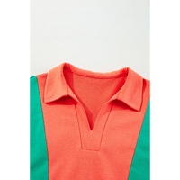Grapefruit Orange Color Block Patchwork Collared V Neck Loose Top - L thumbnail