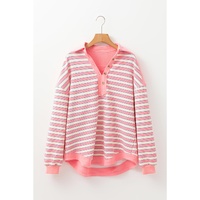 Pink Stripe Buttoned V Neck Collared Drop Shoulder Top - L thumbnail