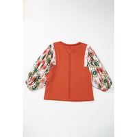 Desert Gold Floral Puff Sleeve Patchwork Round Neck Blouse - L thumbnail