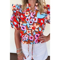Brown Flower Print Self Tie Frilled Collar Puff Sleeve Blouse - L thumbnail