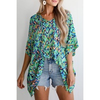 Green Abstract Print V Neck Half Sleeve Loose Fit Tunic Blouse - L thumbnail