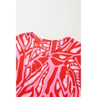Red Abstract Print V Neck Batwing Sleeve Oversized Blouse - L thumbnail