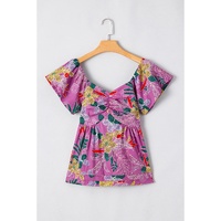 Purple Floral Print Sweetheart Neck Flutter Sleeve Blouse - L thumbnail