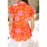 Orange Floral Print Collared Button Neckline Flutter Sleeve Blouse - L thumbnail