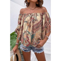 Apricot Paisley Printed Shirred Off Shoulder Ruffled Draped Sleeve Blouse - L thumbnail