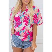 Rose Tropical Plant Printed V Neck Puff Sleeve Blouse - L thumbnail
