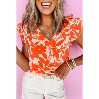 Orange Floral Ruffle Sleeve Print Top - L thumbnail