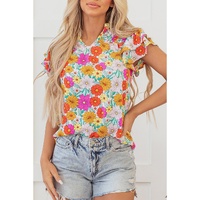 Yellow Floral Print Shirred Tiered Ruffled Sleeve Blouse - L thumbnail