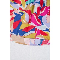 Pink Abstract Printed Ruffled Flutter Sleeve Tied Split V Neck Blouse - L thumbnail
