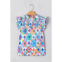 Light Blue Geometric Printed Flutter Sleeve Mock Neck Shirred Blouse - L thumbnail