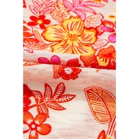 Orange Floral Print Pearl Button Keyhole Long Puff Sleeve Blouse - L thumbnail